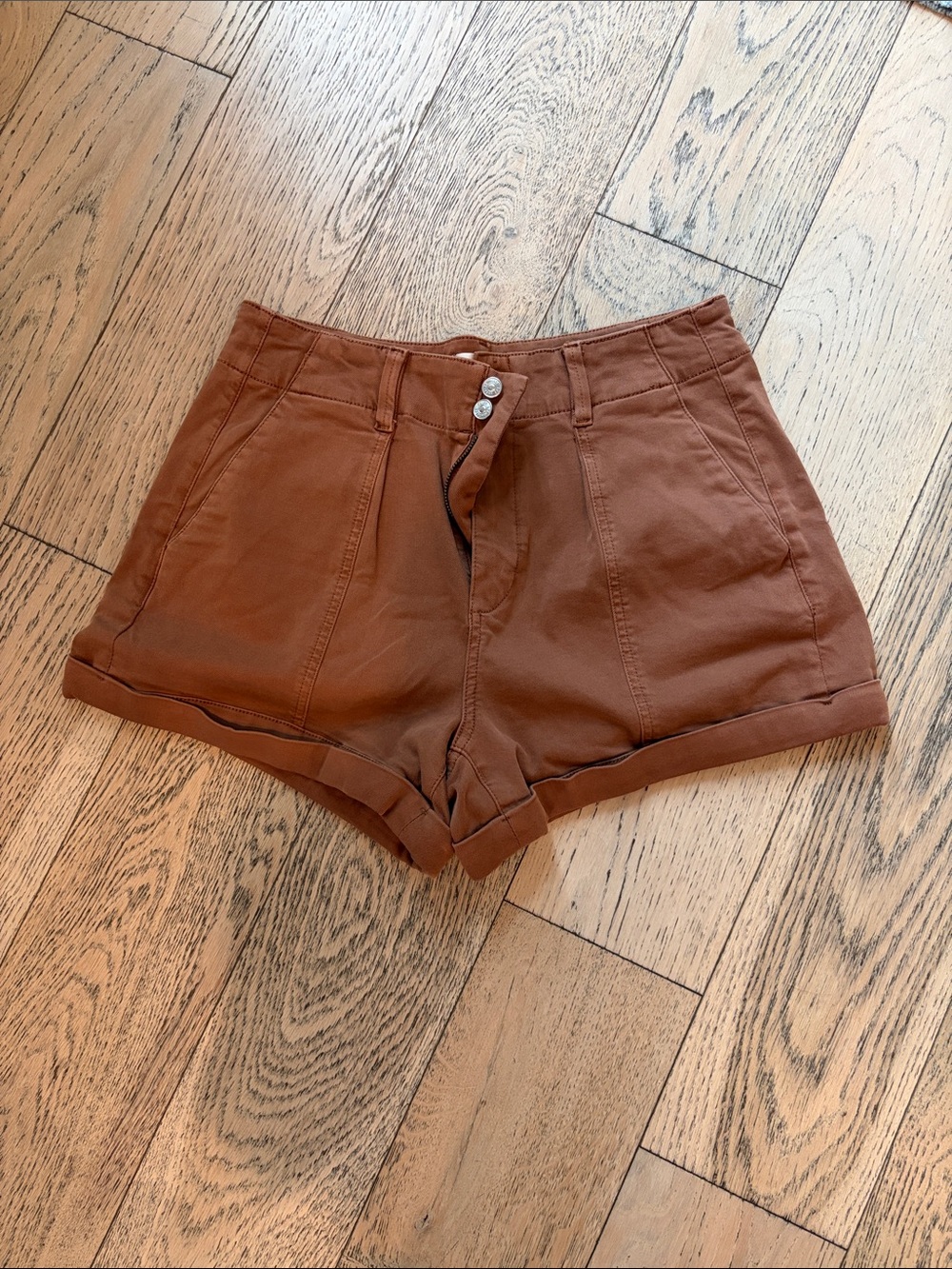 PAIGE High Waist Rolled Hem Shorts - Rust Brown